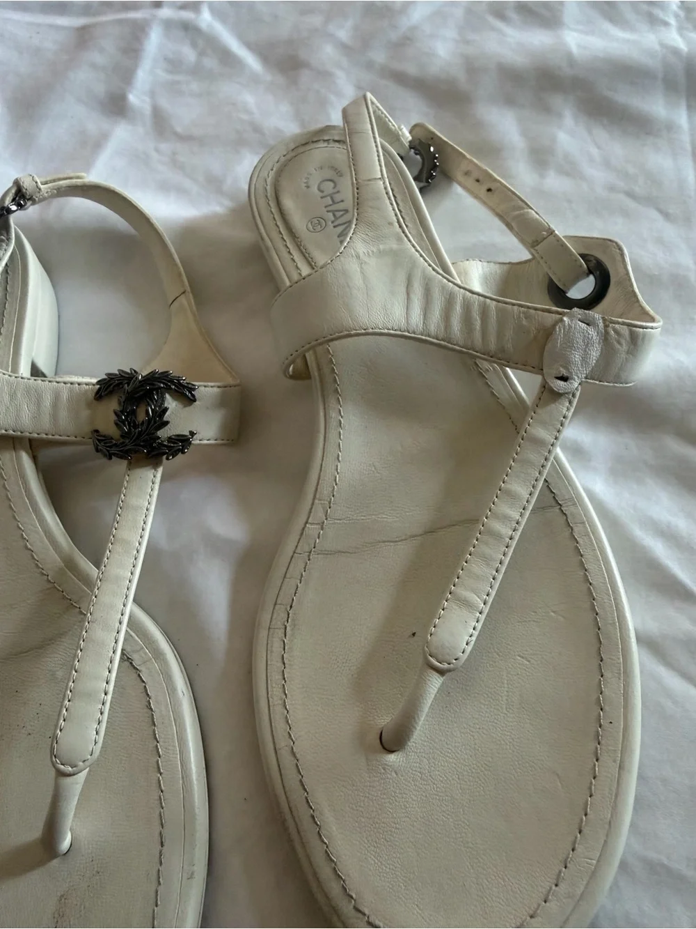 Chanel interlocking CC logo T sandals w/ 1” heel